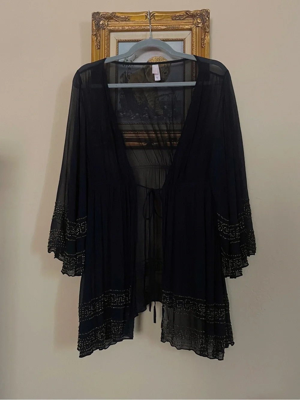 VICTORIA’S SECRET Sheer Black & Gold Beaded Flowy Kimono Cover Up Robe